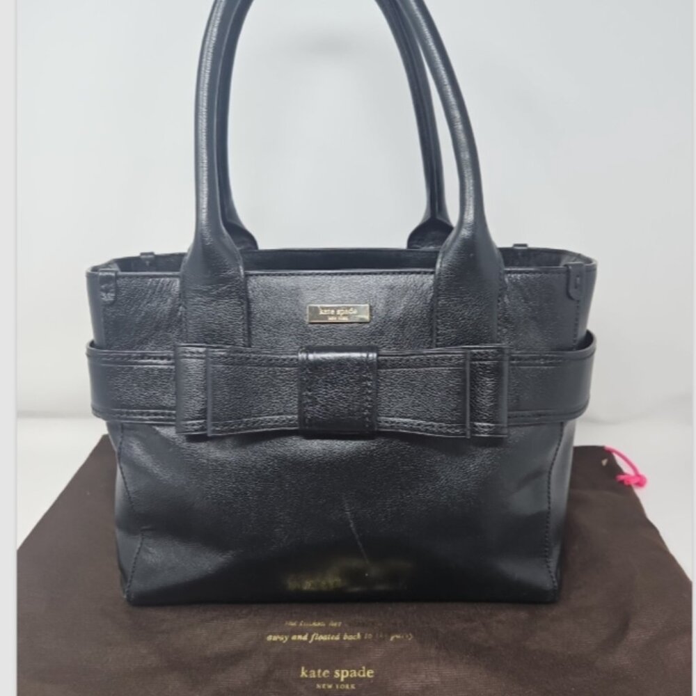 Kate Spade Black Leather Harrison Elena Bow Top Handle Shoulder Purse Bag duster